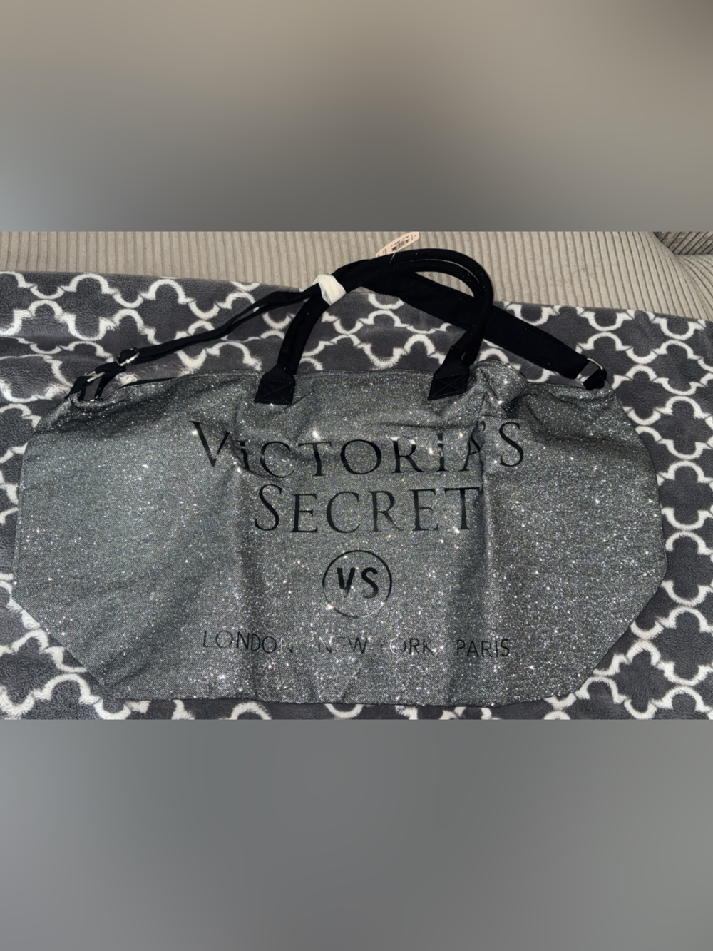 Victoria Secrets Silver Glitter Tote Bag with Black Handles